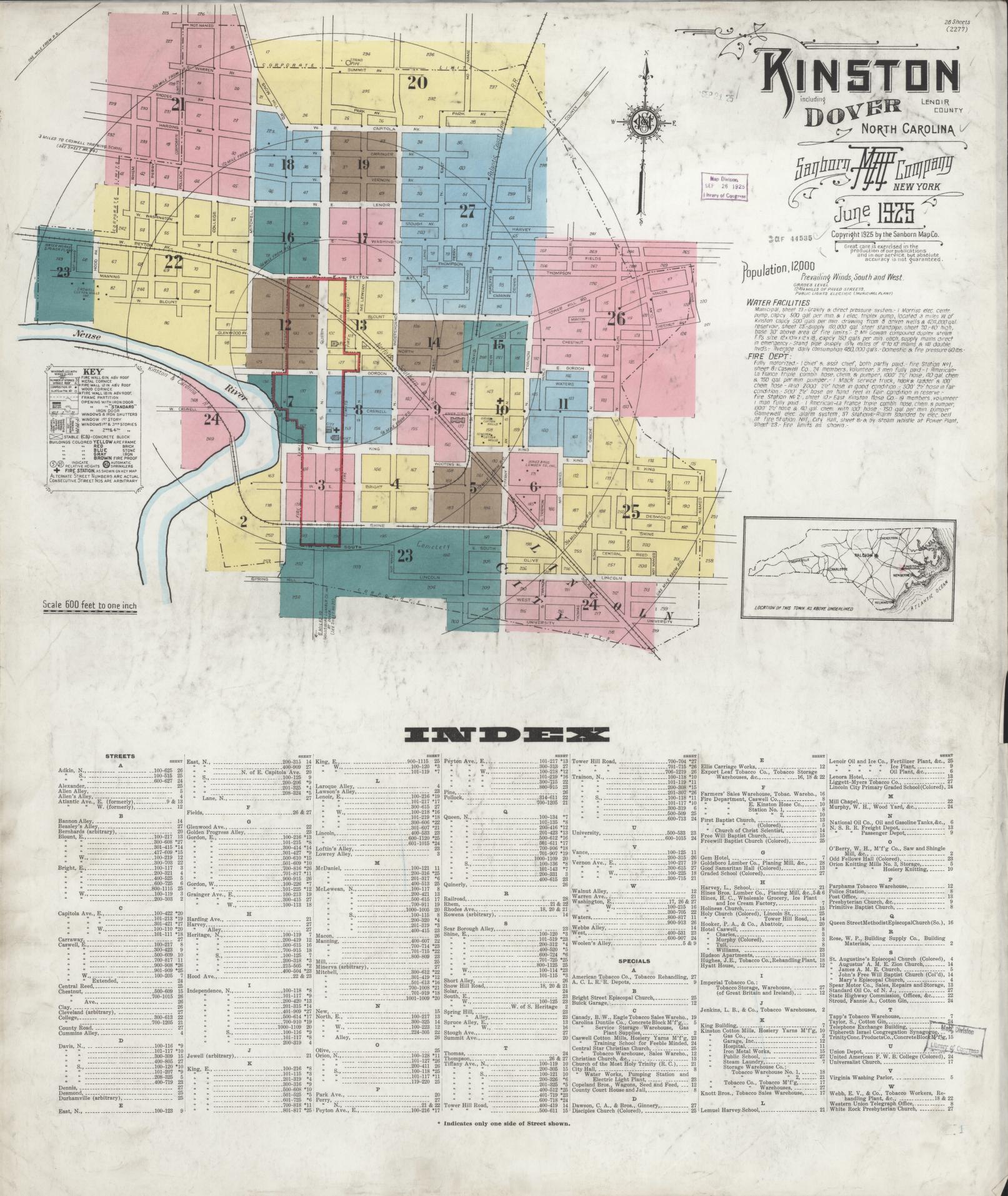 Sanborn Fire Insurance Map from Kinston, Lenoir County, North Carolina (1925), Sheet #0001 - Complete Map Set gallery image, historic Sanborn map, vintage wall art, North Carolina North Carolina