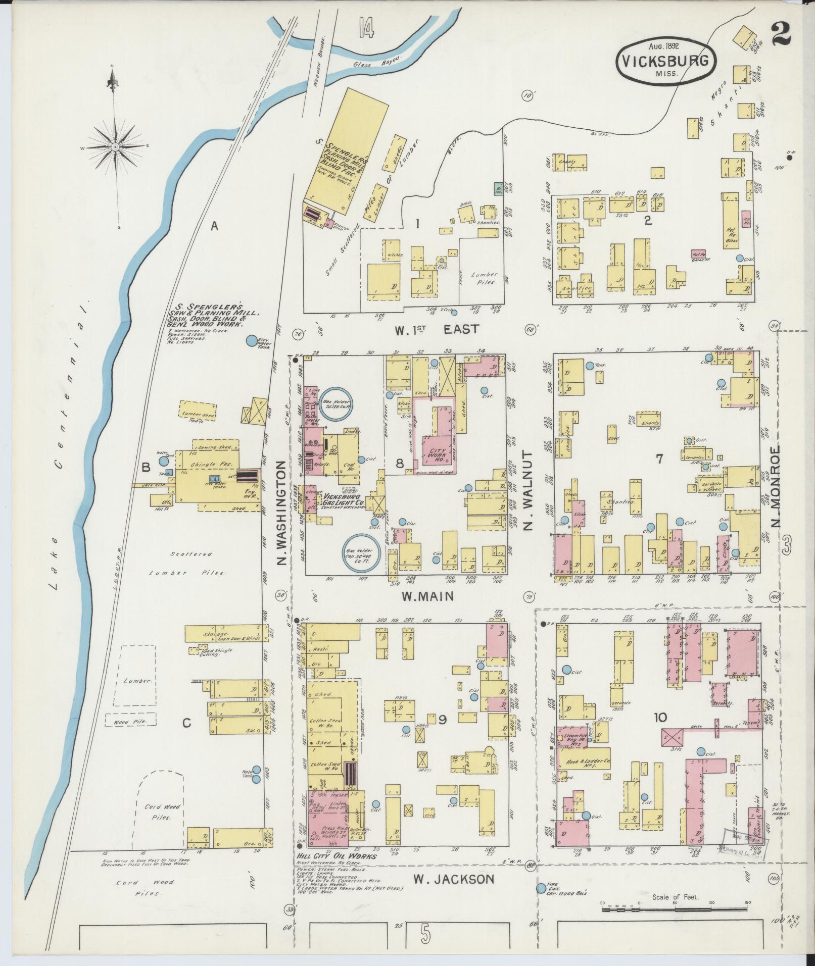 Sanborn Fire Insurance Map from Vicksburg, Warren County, Mississippi (1892), Sheet #0002 - Historic Sanborn Fire Insurance Map Print, vintage old map wall art, antique decor, genealogy gift, Mississippi Mississippi map