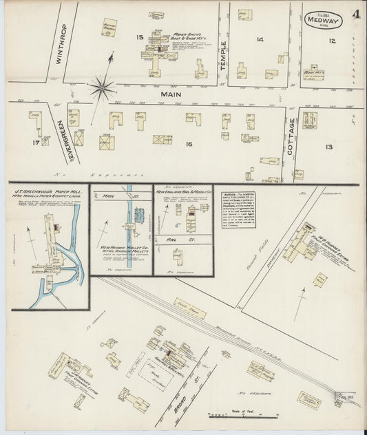 Sanborn Fire Insurance Map from Medway, Norfolk County, Massachusetts (1884), Sheet #0004 - Historic Sanborn Fire Insurance Map Print, vintage old map wall art, antique decor, genealogy gift, Massachusetts Massachusetts map