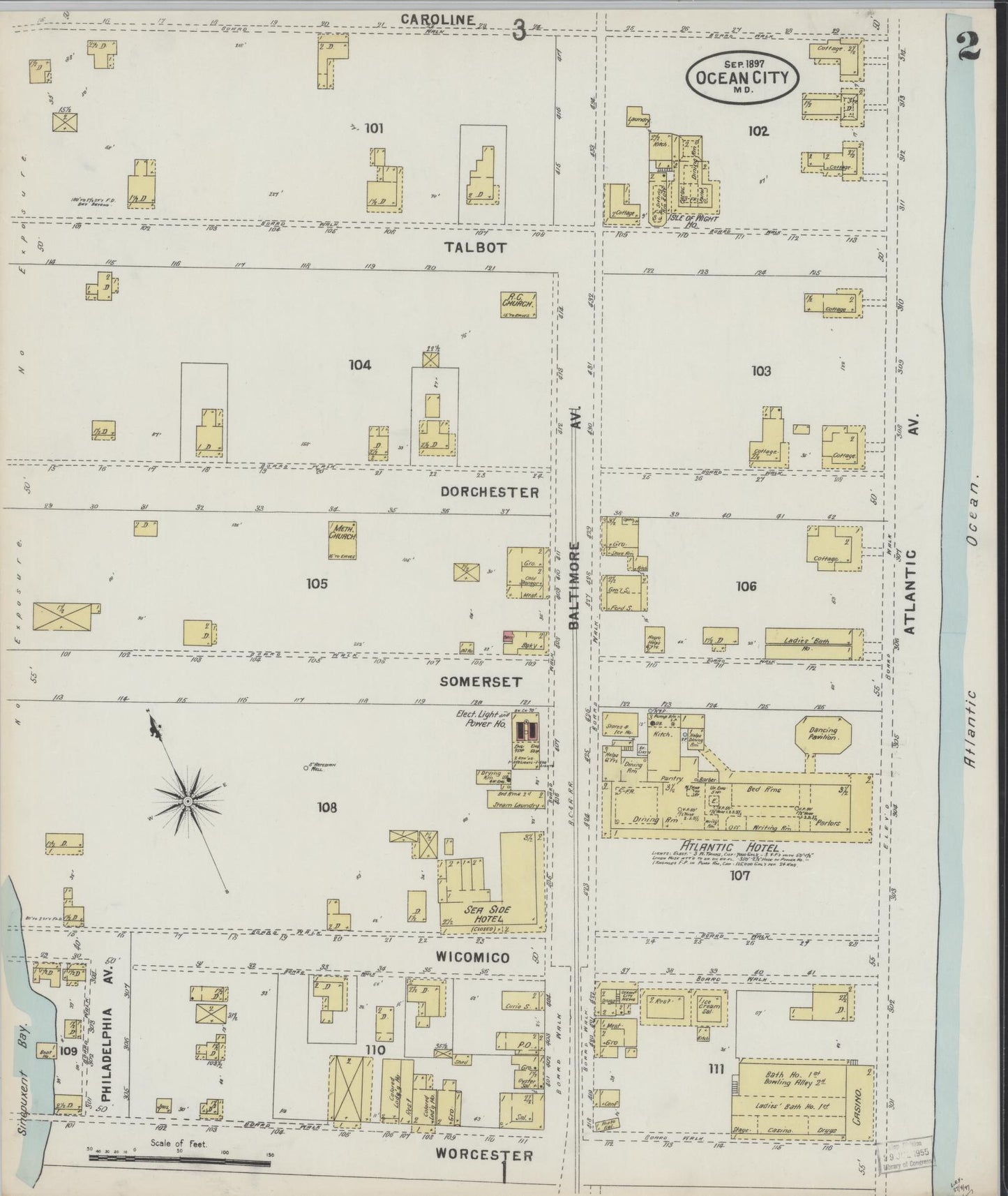 Sanborn Fire Insurance Map from Ocean City, Worcester County, Maryland (1897), Sheet #0002 - Historic Sanborn Fire Insurance Map Print, vintage old map wall art