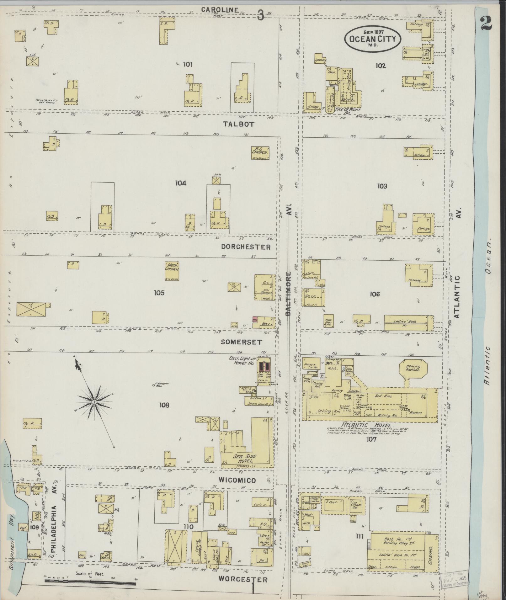 Sanborn Fire Insurance Map from Ocean City, Worcester County, Maryland (1897), Sheet #0002 - Historic Sanborn Fire Insurance Map Print, vintage old map wall art