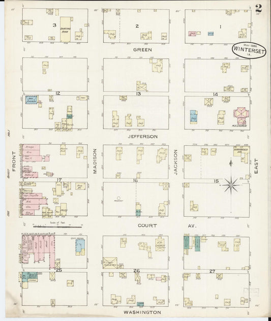 Sanborn Fire Insurance Map from Winterset, Madison County, Iowa (1886), Sheet #0002 - Historic Sanborn Fire Insurance Map Print, vintage old map wall art