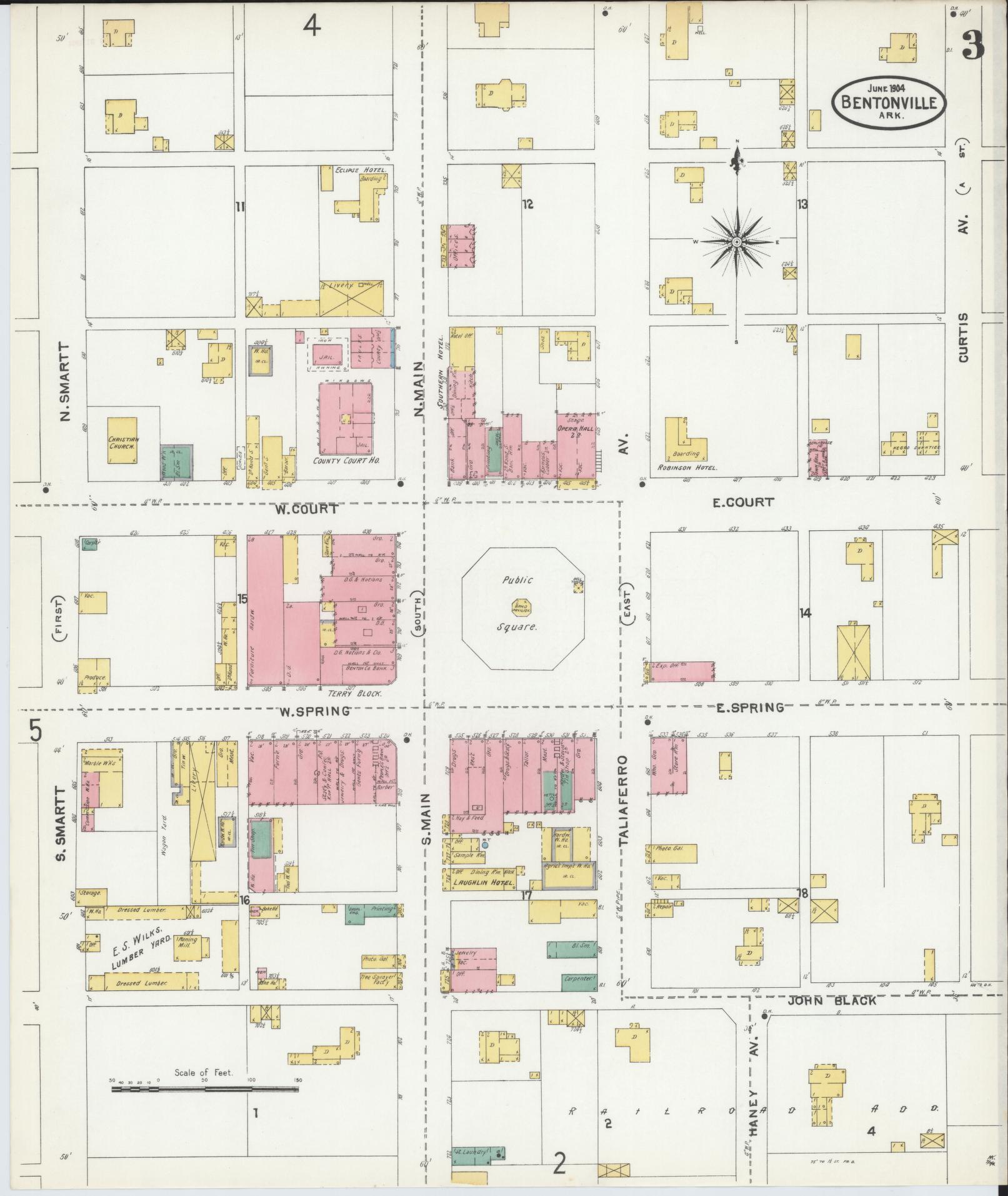 Sanborn Fire Insurance Map from Bentonville, Benton County, Arkansas (1904), Sheet #0003 - Complete Map Set gallery image, historic Sanborn map, vintage wall art, Arkansas Arkansas