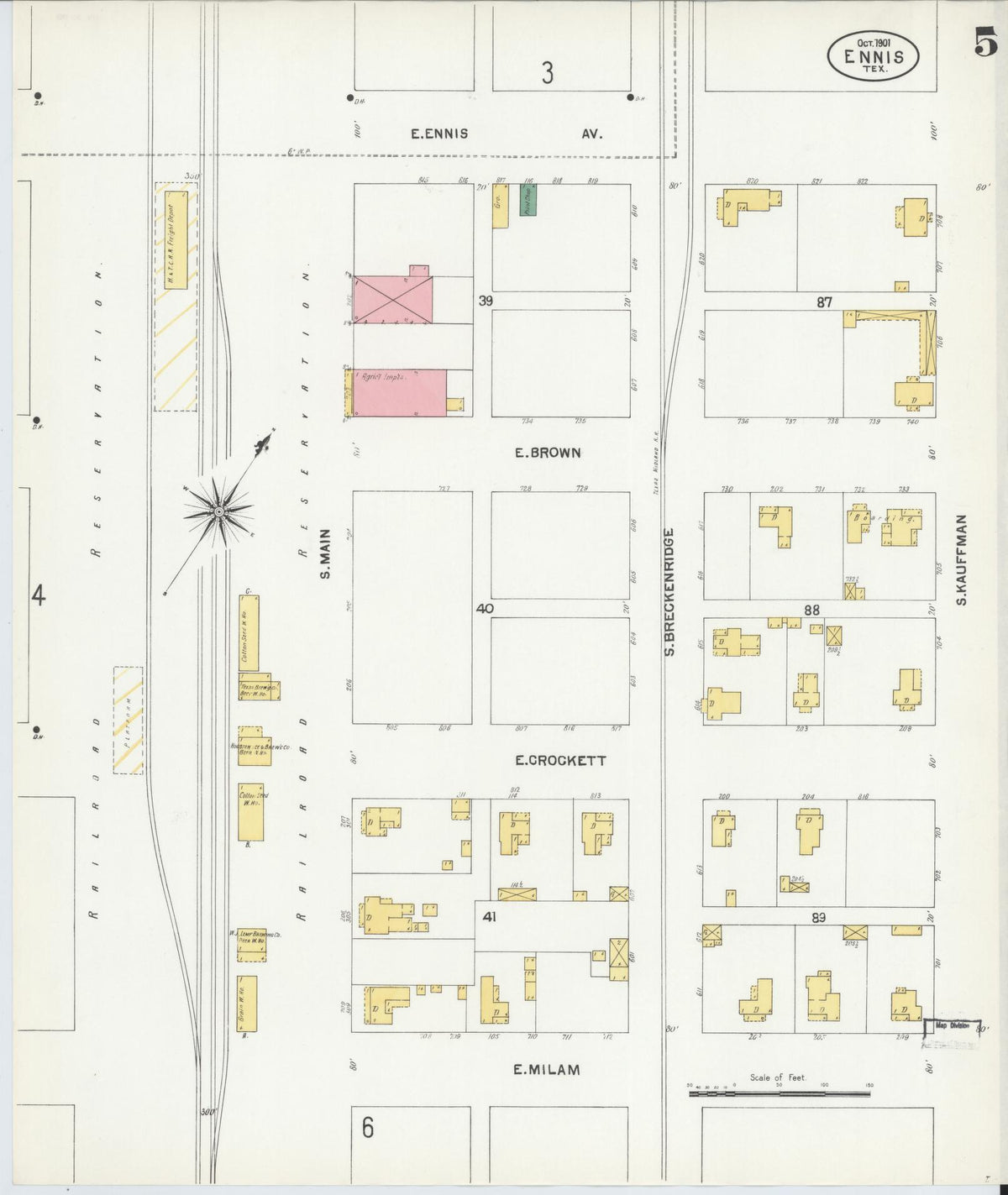 Sanborn Fire Insurance Map from Ennis, Ellis County, Texas (1901), Sheet #0005 - Historic Sanborn Fire Insurance Map Print, vintage old map wall art, antique decor, genealogy gift, Texas Texas map