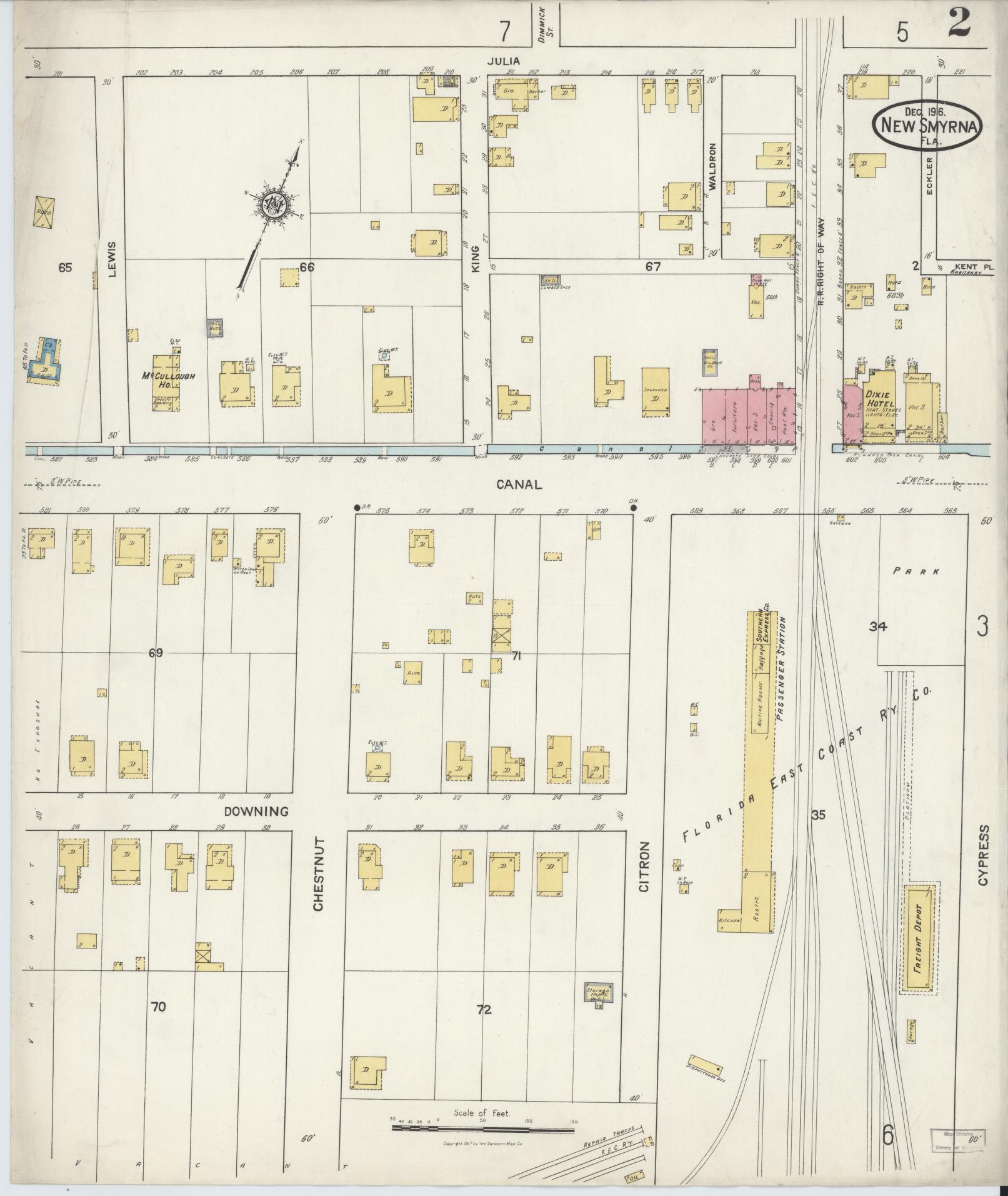 Sanborn Fire Insurance Map from New Smyrna, Valusia County, Florida (1916), Sheet #0002 - Historic Sanborn Fire Insurance Map Print, vintage old map wall art, antique decor, genealogy gift, Florida Florida map