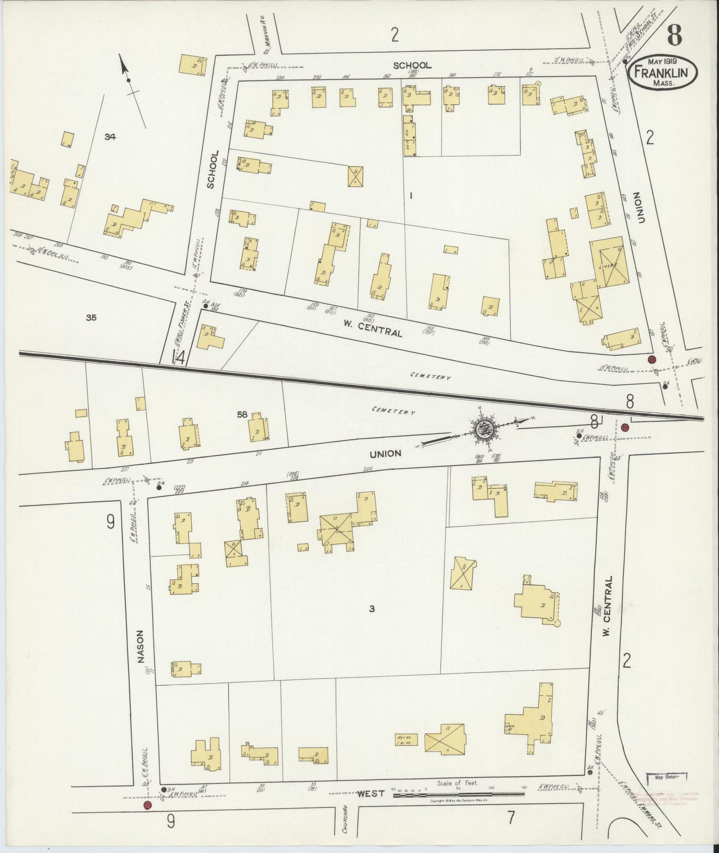 Sanborn Fire Insurance Map from Franklin, Norfolk County, Massachusetts (1919), Sheet #0008 - Complete Map Set gallery image, historic Sanborn map, vintage wall art, Massachusetts Massachusetts
