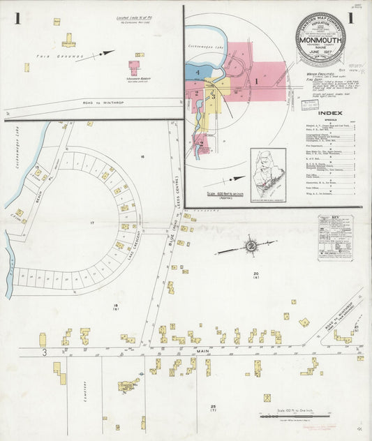 Sanborn Fire Insurance Map from Monmouth, Kennebec County, Maine (1927), Sheet #0001 - Historic Sanborn Fire Insurance Map Print, vintage old map wall art, antique decor, genealogy gift, Maine Maine map