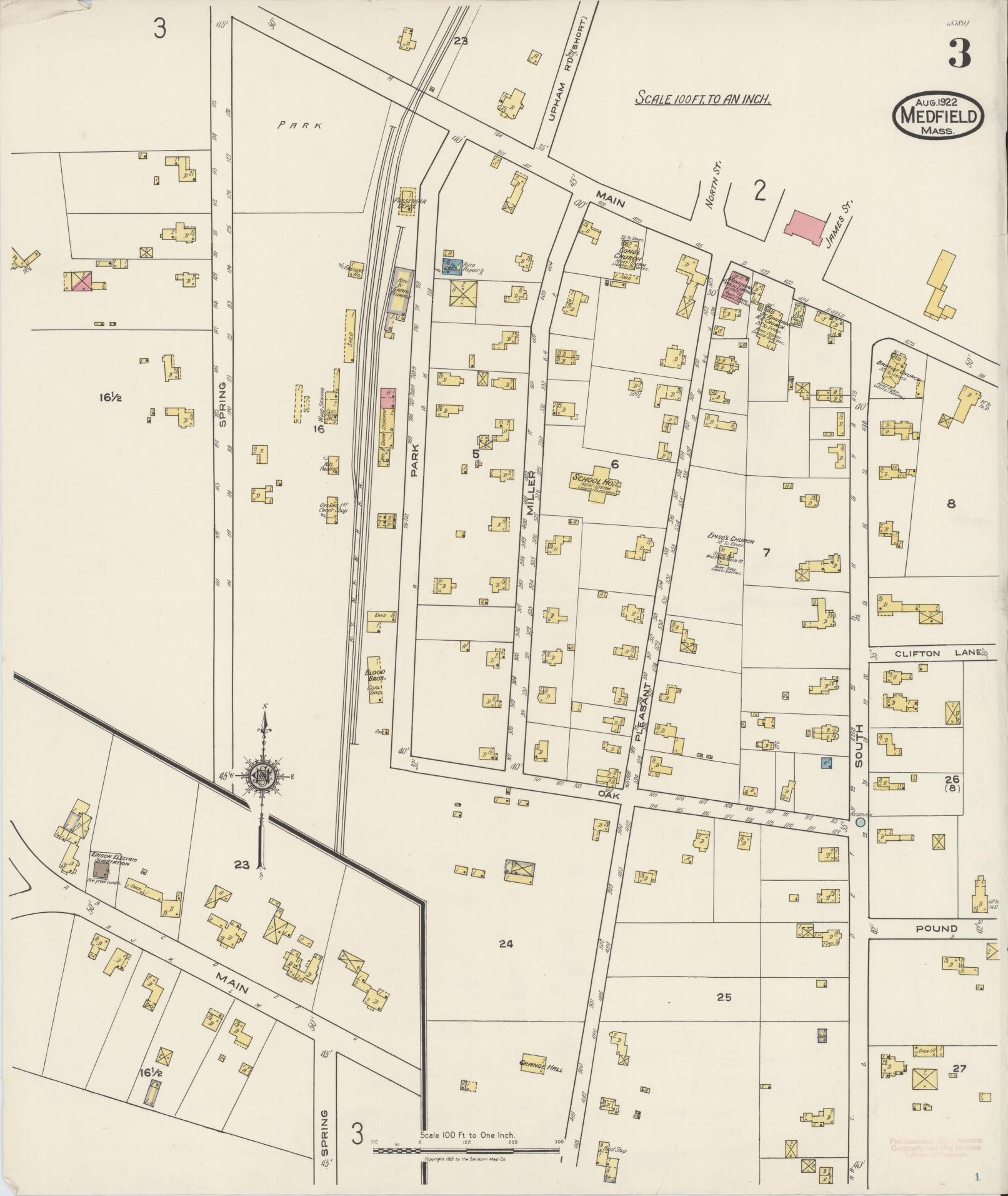 Sanborn Fire Insurance Map from Medfield, Norfolk County, Massachusetts (1922), Sheet #0003 - Complete Map Set gallery image, historic Sanborn map, vintage wall art, Massachusetts Massachusetts
