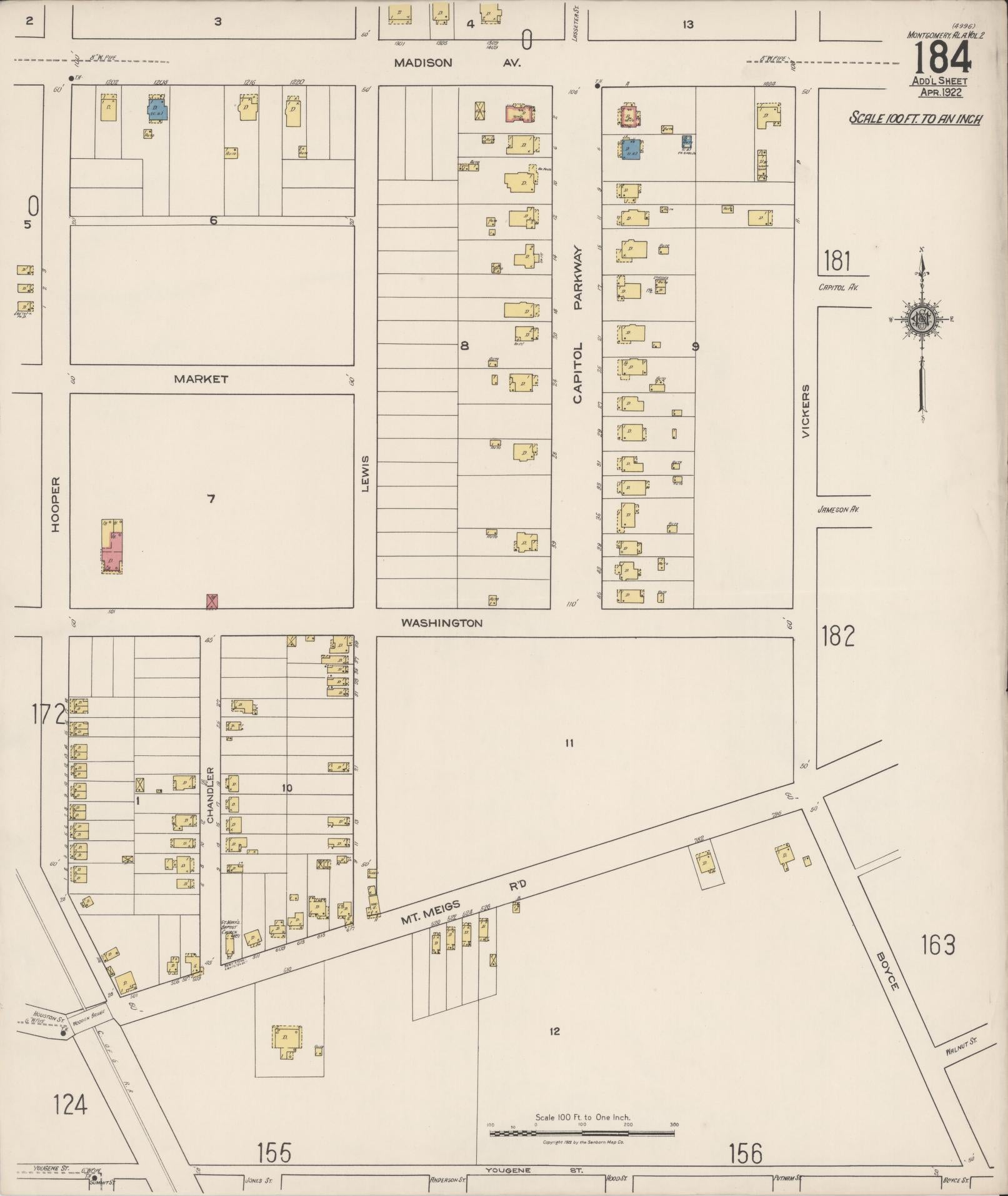 Sanborn Fire Insurance Map from Montgomery, Montgomery County, Alabama (1922), Sheet #0184 - Historic Sanborn Fire Insurance Map Print, vintage old map wall art, antique decor, genealogy gift, Alabama Alabama map