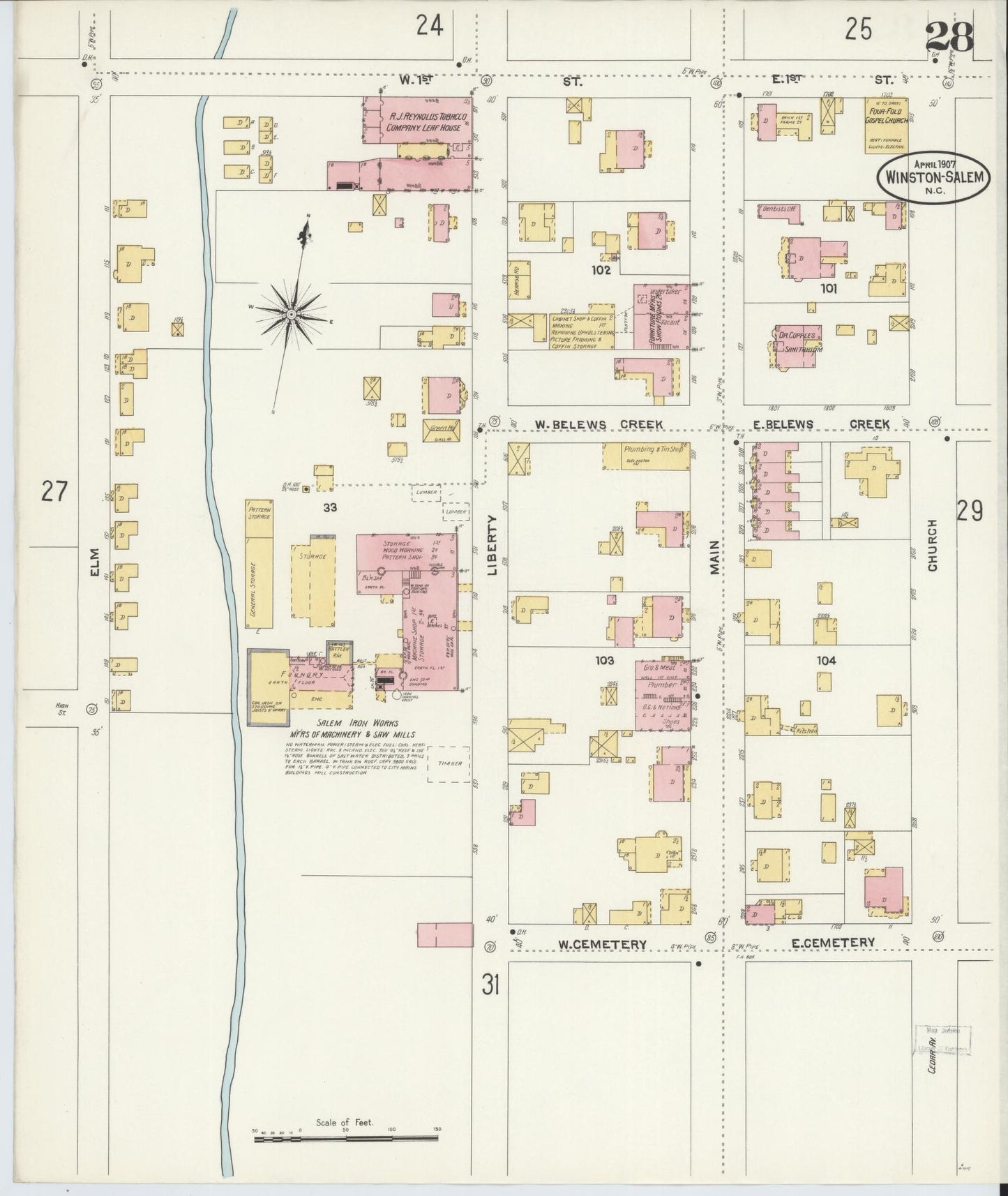Sanborn Fire Insurance Map from Winston-Salem, Forsyth County, North Carolina (1907), Sheet #0028 - Complete Map Set gallery image, historic Sanborn map, vintage wall art, North Carolina North Carolina