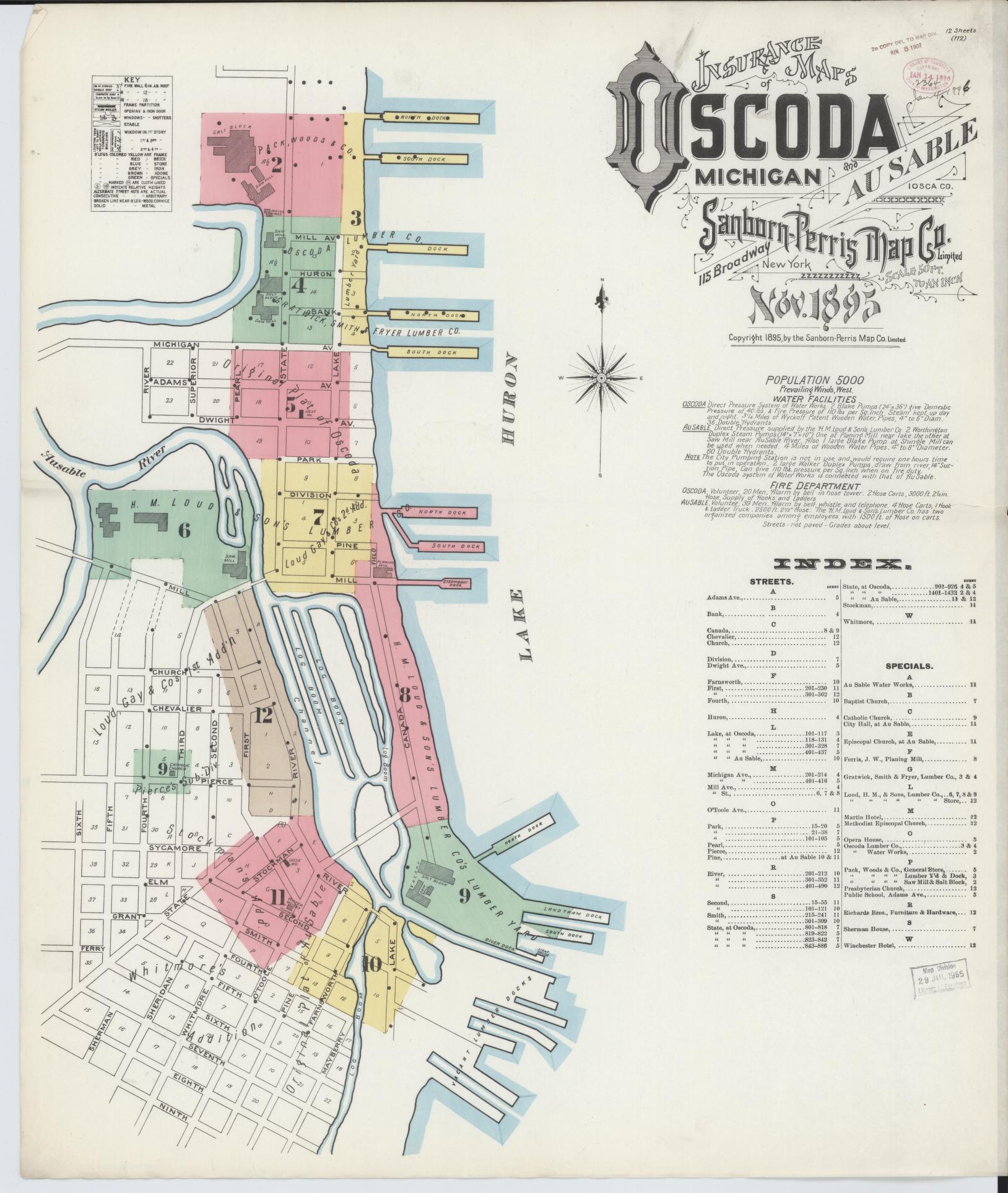 Sanborn Fire Insurance Map from Oscoda, Iosco County, Michigan (1895), Sheet #0001 - Historic Sanborn Fire Insurance Map Print, vintage old map wall art, antique decor, genealogy gift, Michigan Michigan map