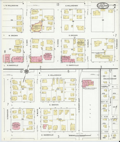 Sanborn Fire Insurance Map from Cleburne, Johnson County, Texas (1918), Sheet #0007 - Complete Map Set gallery image, historic Sanborn map, vintage wall art, Texas Texas
