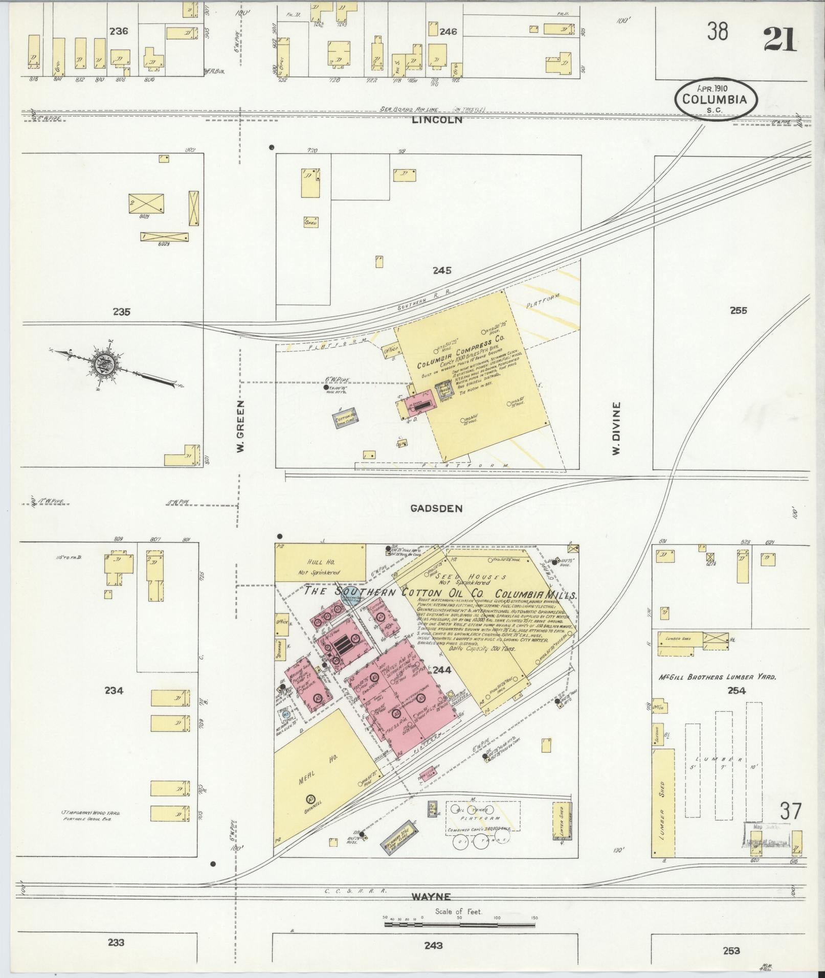 Sanborn Fire Insurance Map from Columbia, Richland County, South Carolina (1910), Sheet #0021 - Complete Map Set gallery image, historic Sanborn map, vintage wall art, South Carolina South Carolina