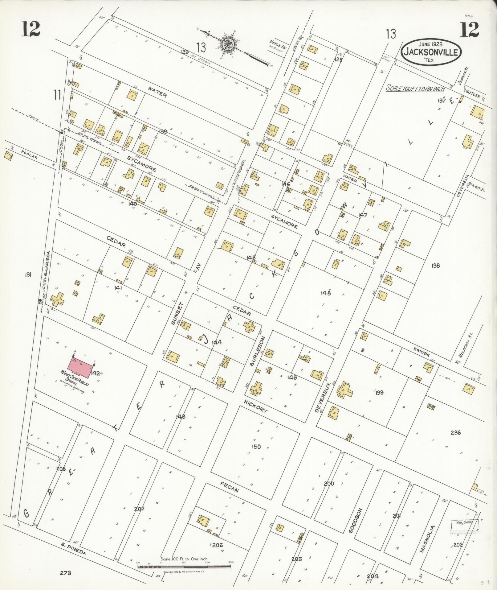 Sanborn Fire Insurance Map from Jacksonville, Cherokee County, Texas. (1923), Sheet 12 – Historic Sanborn Fire Insurance Map Print