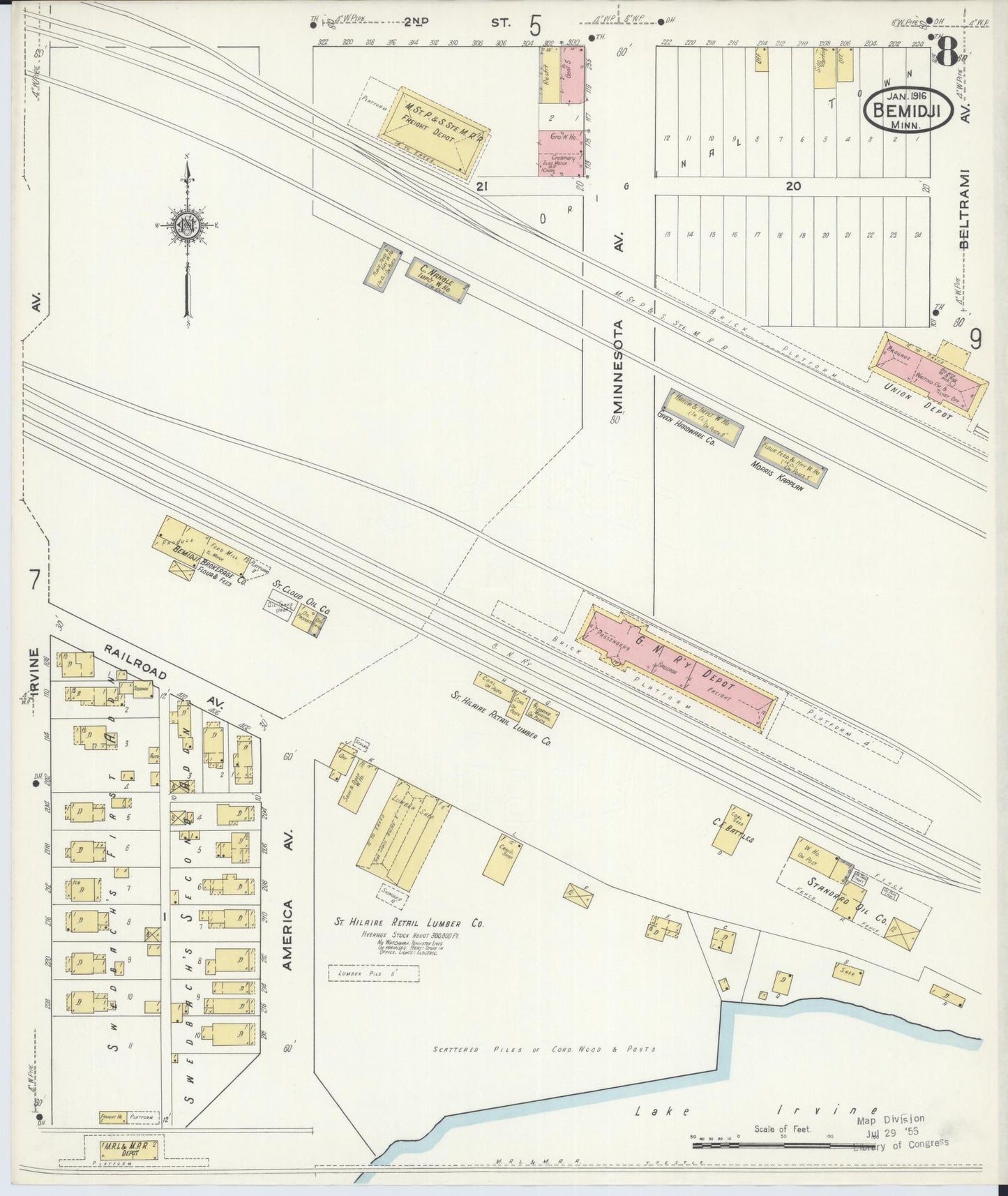 Sanborn Fire Insurance Map from Bemidji, Beltrami County, Minnesota (1916), Sheet #0008 - Historic Sanborn Fire Insurance Map Print, vintage old map wall art, antique decor, genealogy gift, Minnesota Minnesota map