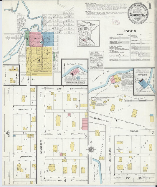 Sanborn Fire Insurance Map from Redwood Falls, Redwood County, Minnesota (1915), Sheet #0001 - Historic Sanborn Fire Insurance Map Print, vintage old map wall art, antique decor, genealogy gift, Minnesota Minnesota map