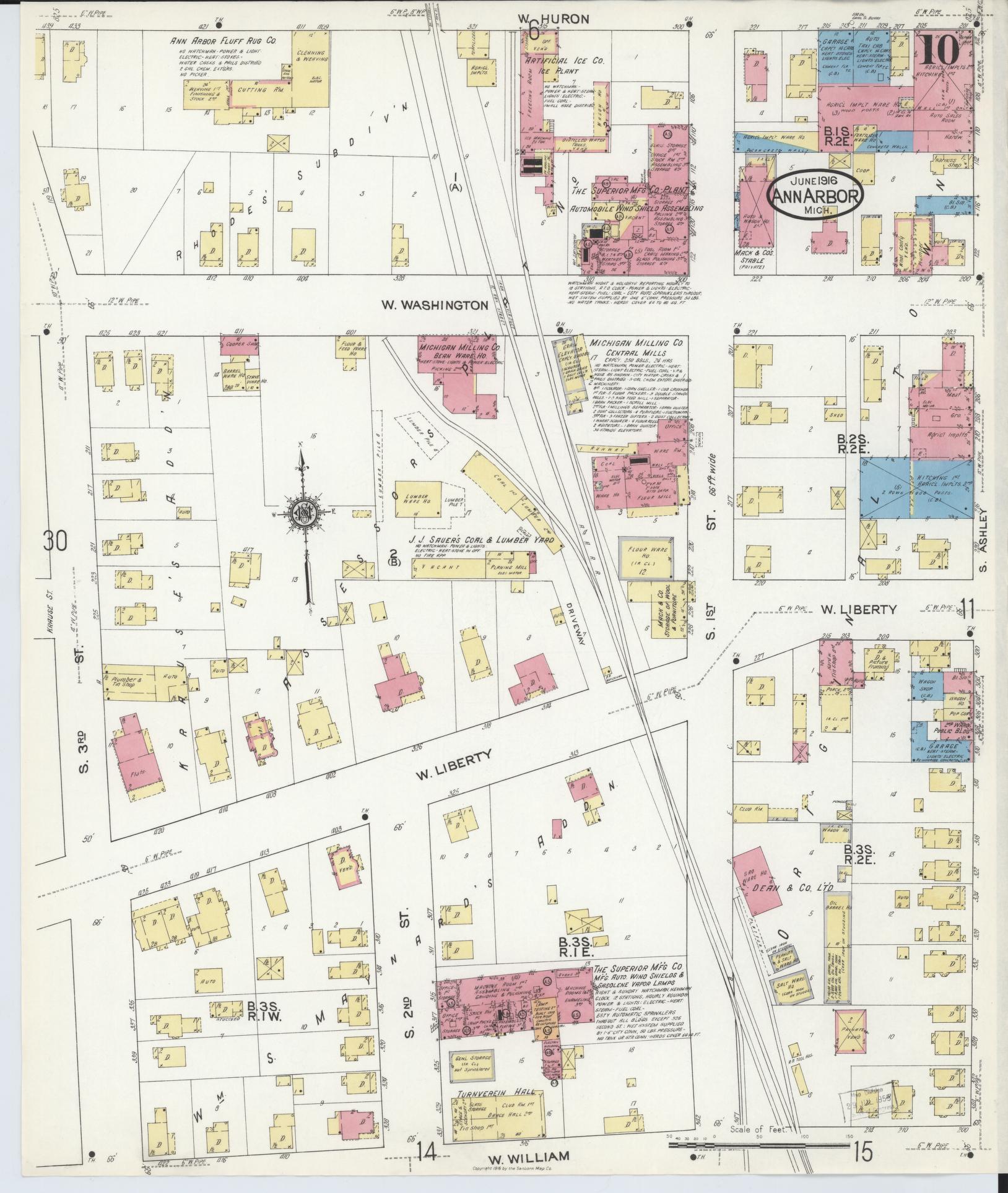 Sanborn Fire Insurance Map from Ann Arbor, Washtenaw County, Michigan (1916), Sheet #0010 - Historic Sanborn Fire Insurance Map Print, vintage old map wall art, antique decor, genealogy gift, Michigan Michigan map