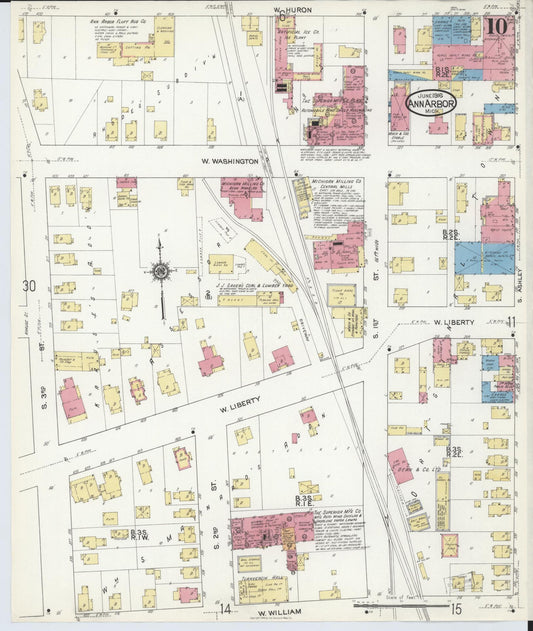 Sanborn Fire Insurance Map from Ann Arbor, Washtenaw County, Michigan (1916), Sheet #0010 - Historic Sanborn Fire Insurance Map Print, vintage old map wall art, antique decor, genealogy gift, Michigan Michigan map