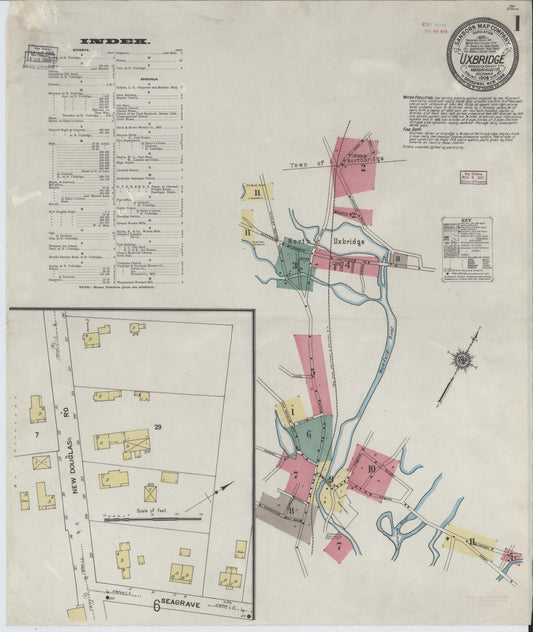 Sanborn Fire Insurance Map from Uxbridge, Worcester County, Massachusetts (1909), Sheet #0001 - Complete Map Set gallery image, historic Sanborn map, vintage wall art, Massachusetts Massachusetts