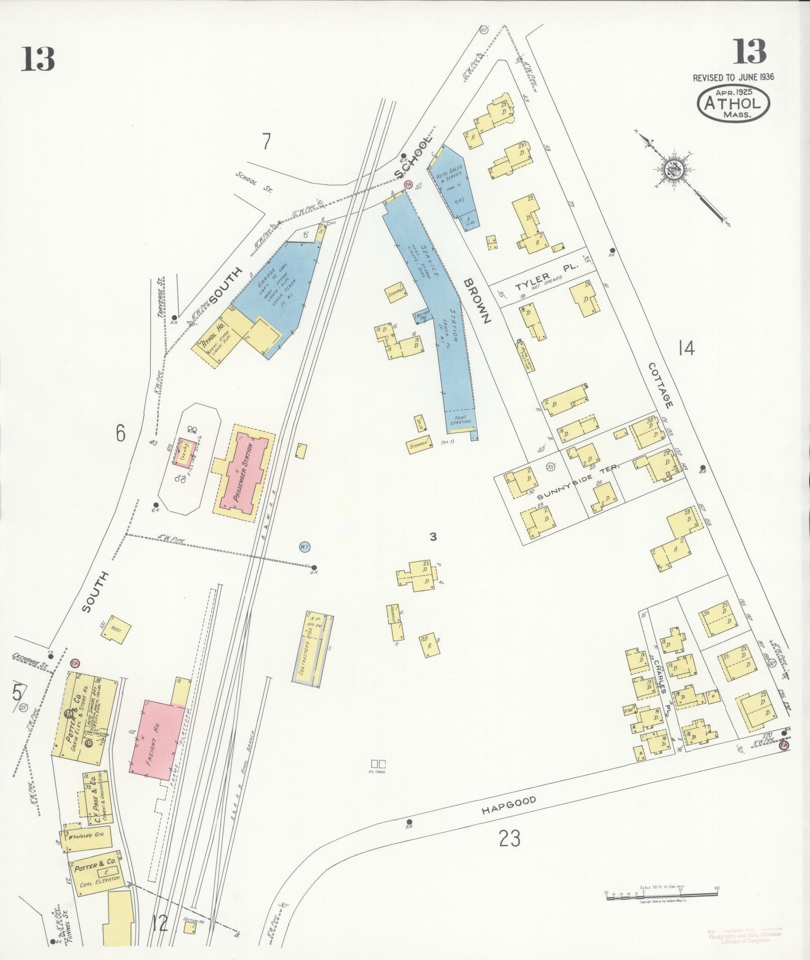 Sanborn Fire Insurance Map from Athol, Worcester County, Massachusetts (1936), Sheet #0013 - Historic Sanborn Fire Insurance Map Print, vintage old map wall art, antique decor, genealogy gift, Massachusetts Massachusetts map
