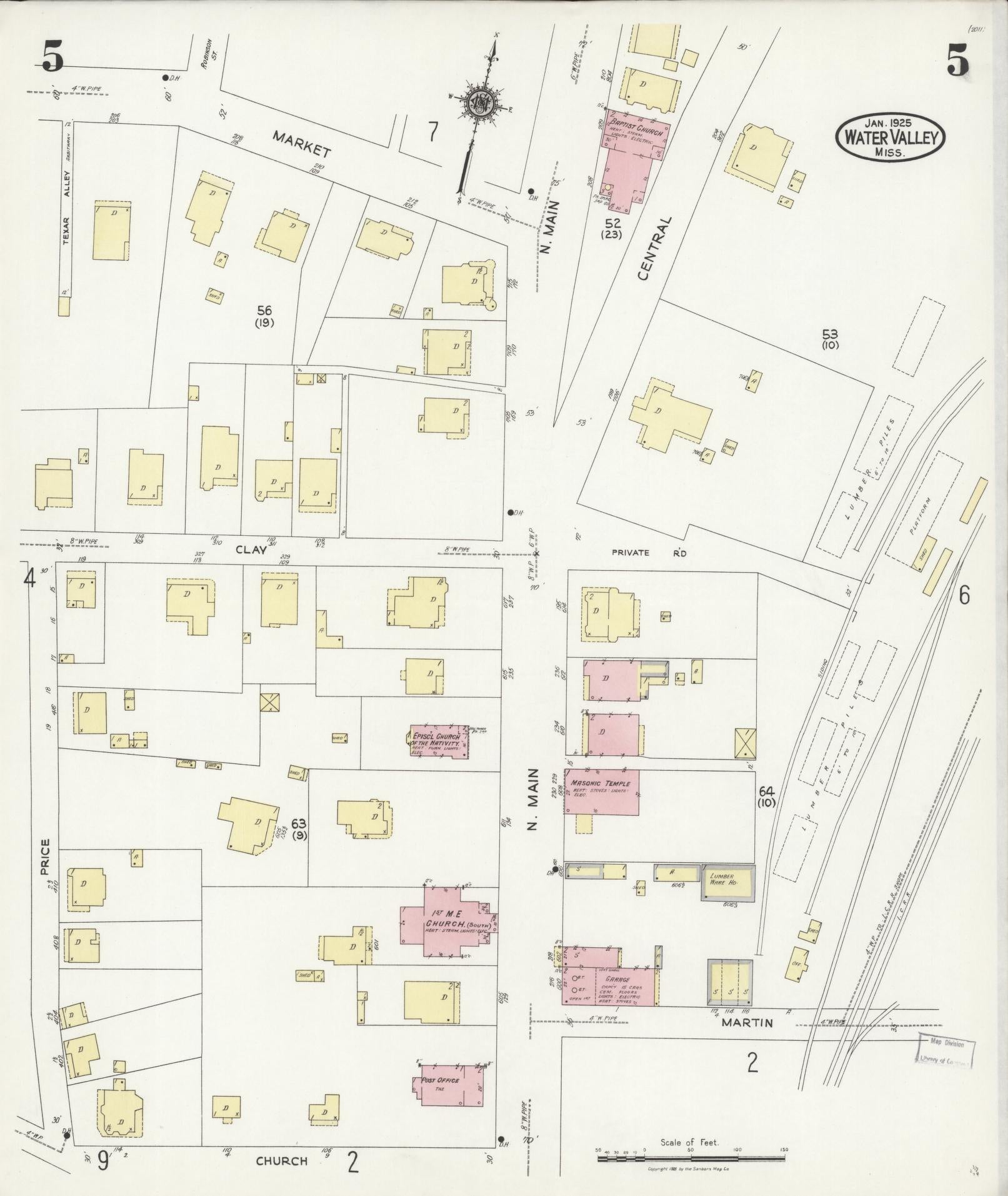 Sanborn Fire Insurance Map from Water Valley, Yalobusha County, Mississippi (1925), Sheet #0005 - Historic Sanborn Fire Insurance Map Print, vintage old map wall art, antique decor, genealogy gift, Mississippi Mississippi map