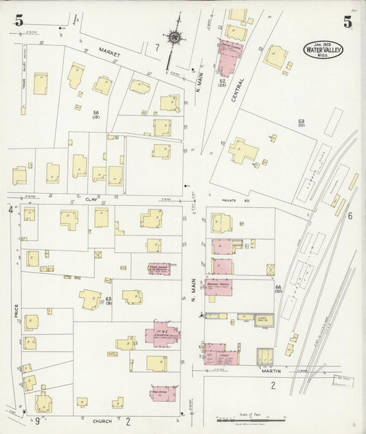 Sanborn Fire Insurance Map from Water Valley, Yalobusha County, Mississippi (1925), Sheet #0005 - Historic Sanborn Fire Insurance Map Print, vintage old map wall art, antique decor, genealogy gift, Mississippi Mississippi map