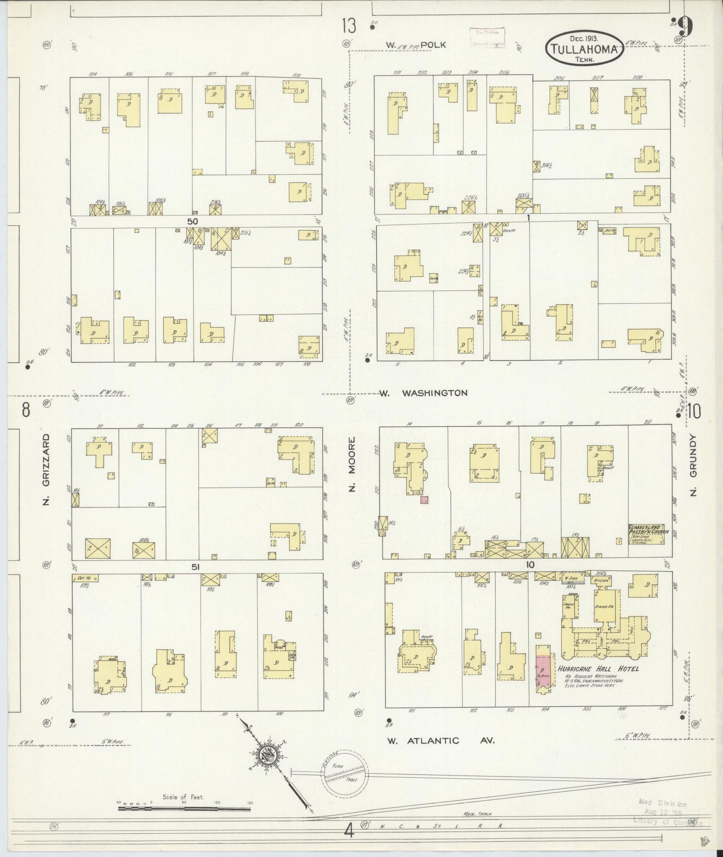 Sanborn Fire Insurance Map from Tullahoma, Coffee County, Tennessee (1913), Sheet #0009 - Complete Map Set gallery image, historic Sanborn map, vintage wall art, Tennessee Tennessee