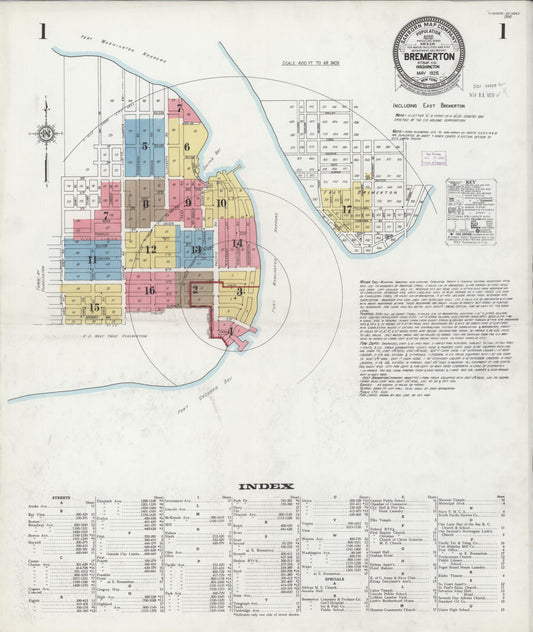 Sanborn Fire Insurance Map from Bremerton, Kitsap County, Washington (1925), Sheet #0001 - Complete Map Set gallery image, historic Sanborn map, vintage wall art, Washington Washington