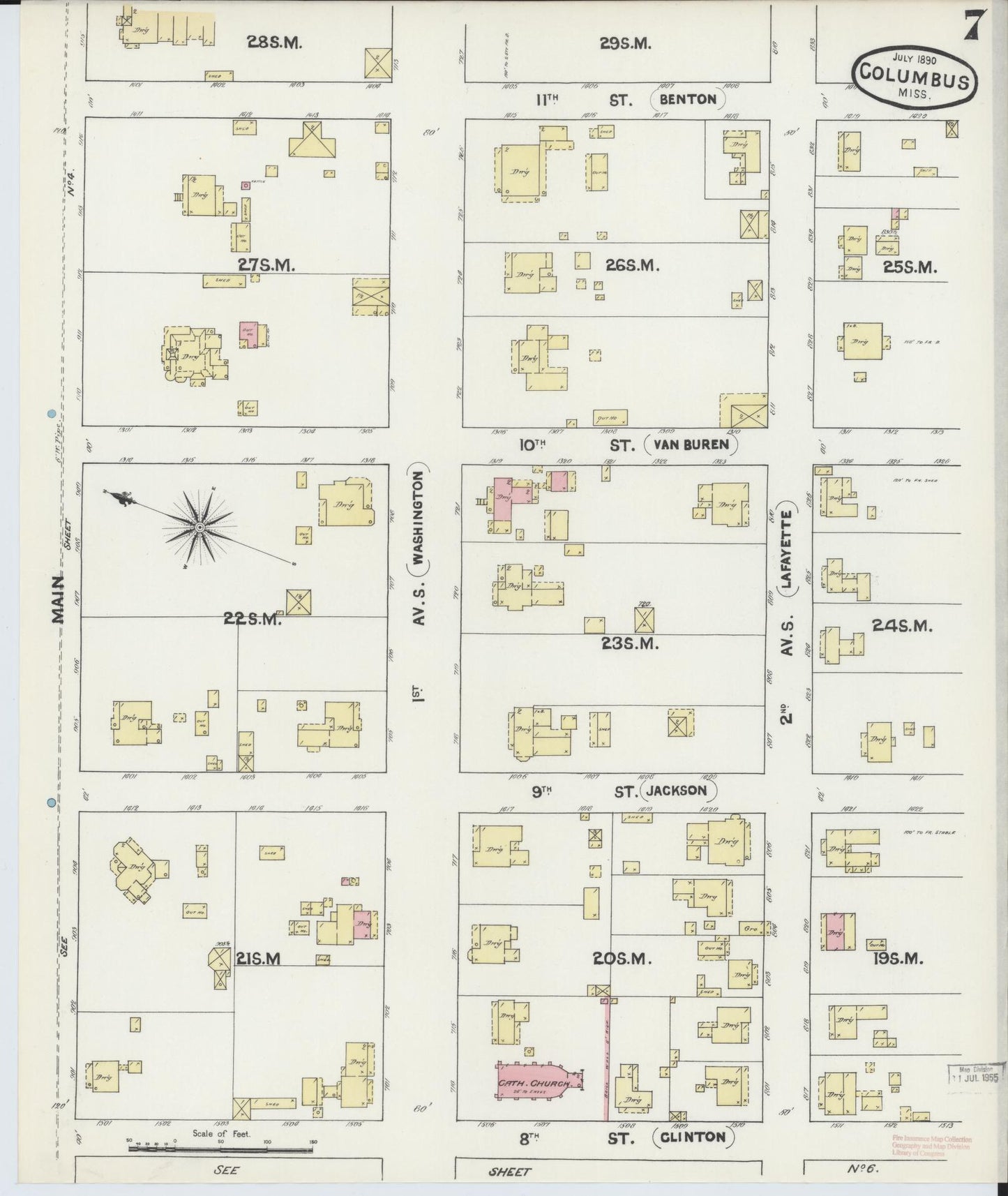 Sanborn Fire Insurance Map from Columbus, Lowndes County, Mississippi (1890), Sheet #0007 - Complete Map Set gallery image, historic Sanborn map, vintage wall art, Mississippi Mississippi