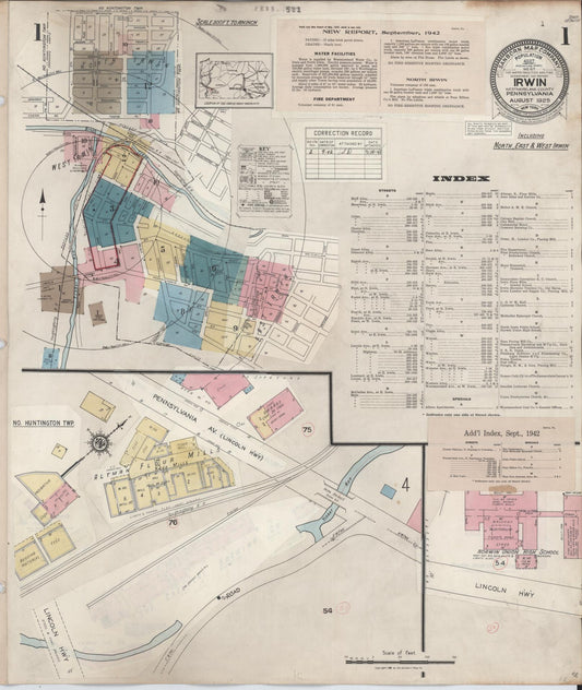 Sanborn Fire Insurance Map from Irwin, Westmoreland County, Pennsylvania (1942), Sheet #0001 - Historic Sanborn Fire Insurance Map Print, vintage old map wall art, antique decor, genealogy gift, Pennsylvania Pennsylvania map
