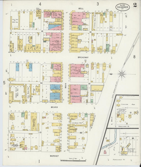 Sanborn Fire Insurance Map from Shawnee, Pottawatomie County, Oklahoma (1898), Sheet #0002 - Historic Sanborn Fire Insurance Map Print, vintage old map wall art, antique decor, genealogy gift, Oklahoma Oklahoma map