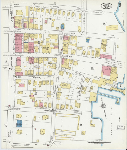 Sanborn Fire Insurance Map from Nyack, Rockland County, New York (1919), Sheet #0009 - Historic Sanborn Fire Insurance Map Print, vintage old map wall art, antique decor, genealogy gift, New York New York map