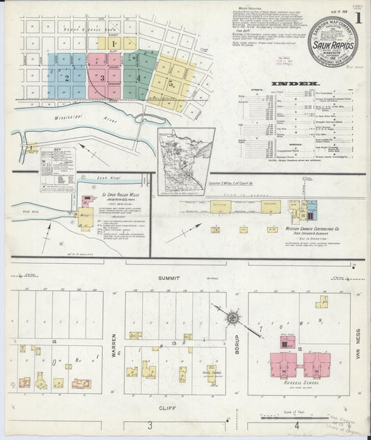 Sanborn Fire Insurance Map from Sauk Rapids, Benton County, Minnesota (1912), Sheet #0001 - Historic Sanborn Fire Insurance Map Print, vintage old map wall art, antique decor, genealogy gift, Minnesota Minnesota map