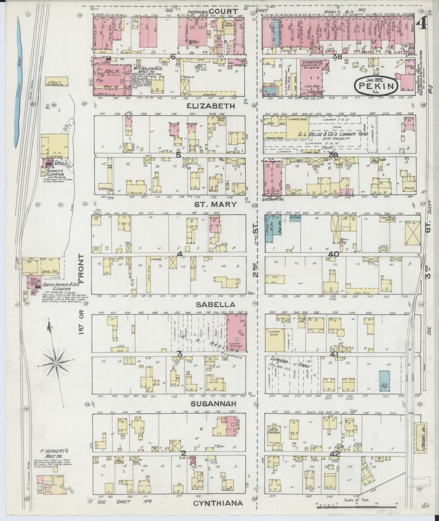 Sanborn Fire Insurance Map from Pekin, Tazewell County, Illinois (1892), Sheet #0004 - Complete Map Set gallery image, historic Sanborn map, vintage wall art, Illinois Illinois