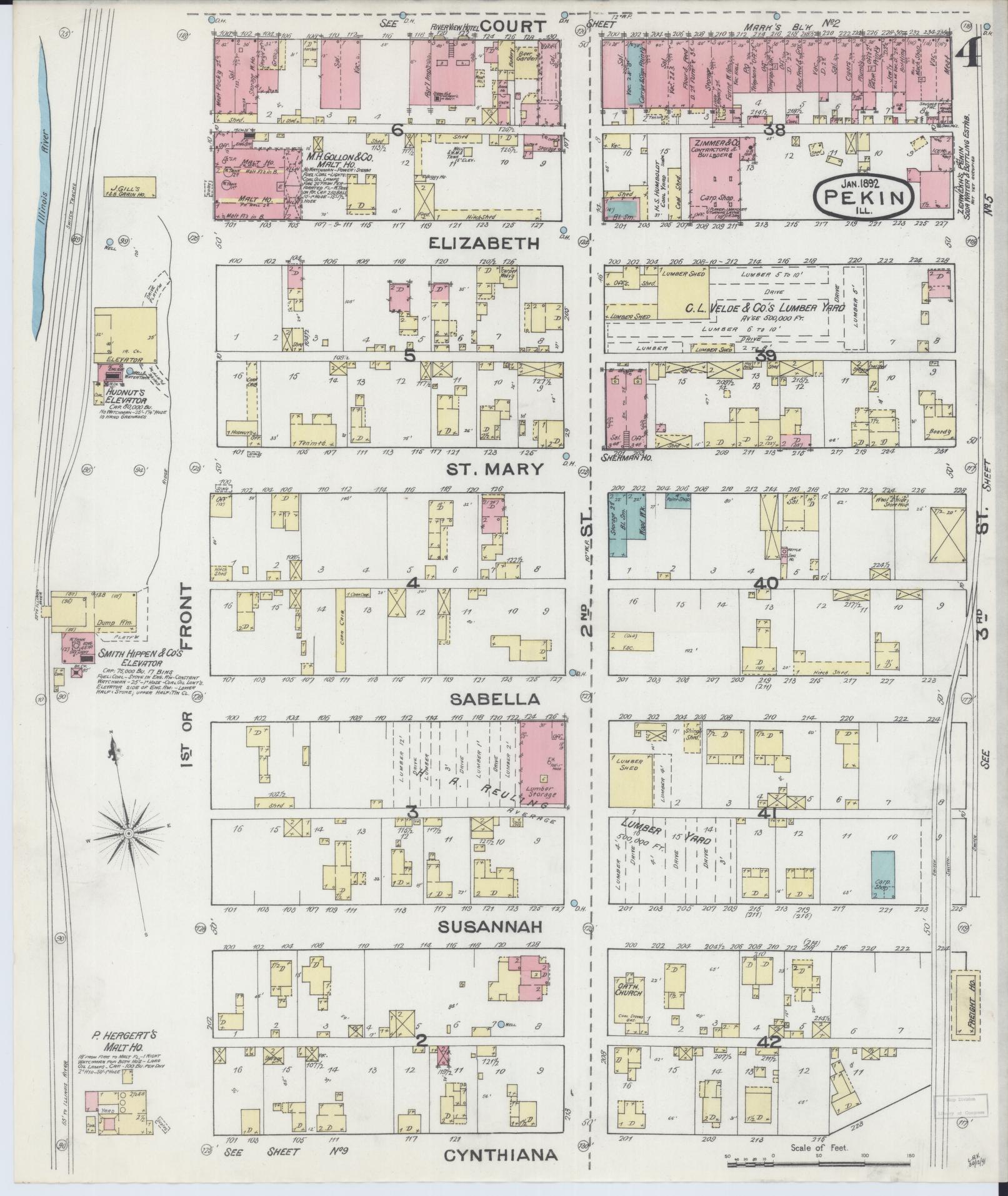 Sanborn Fire Insurance Map from Pekin, Tazewell County, Illinois (1892), Sheet #0004 - Complete Map Set gallery image, historic Sanborn map, vintage wall art, Illinois Illinois