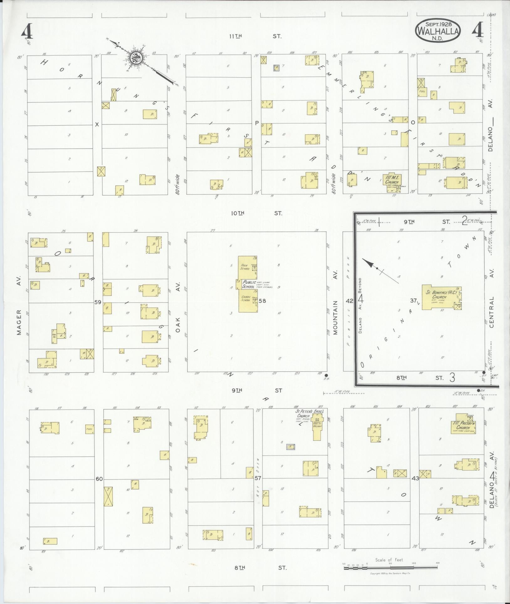 Sanborn Fire Insurance Map from Walhalla, Pembina County, North Dakota (1928), Sheet #0004 - Complete Map Set gallery image, historic Sanborn map, vintage wall art, North Dakota North Dakota