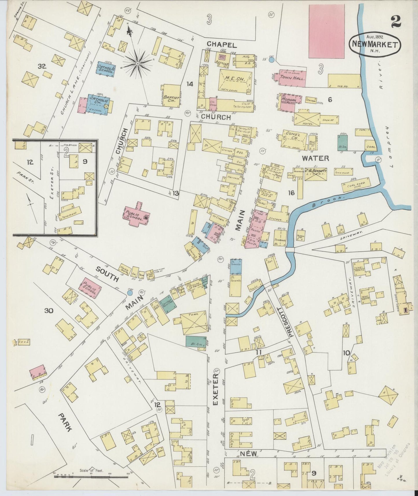 Sanborn Fire Insurance Map from New Market, Rockingham County, New Hampshire (1892), Sheet #0002 - Historic Sanborn Fire Insurance Map Print, vintage old map wall art, antique decor, genealogy gift, New Hampshire New Hampshire map