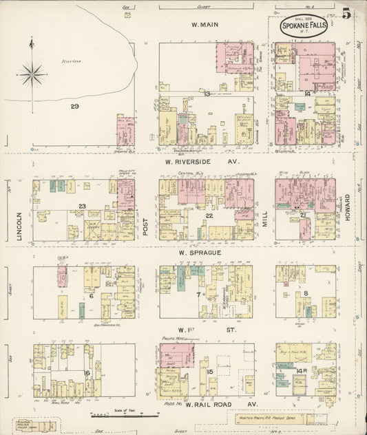 Sanborn Fire Insurance Map from Spokane, Spokane County, Washington (1888), Sheet #0005 - Historic Sanborn Fire Insurance Map Print, vintage old map wall art, antique decor, genealogy gift, Washington Washington map