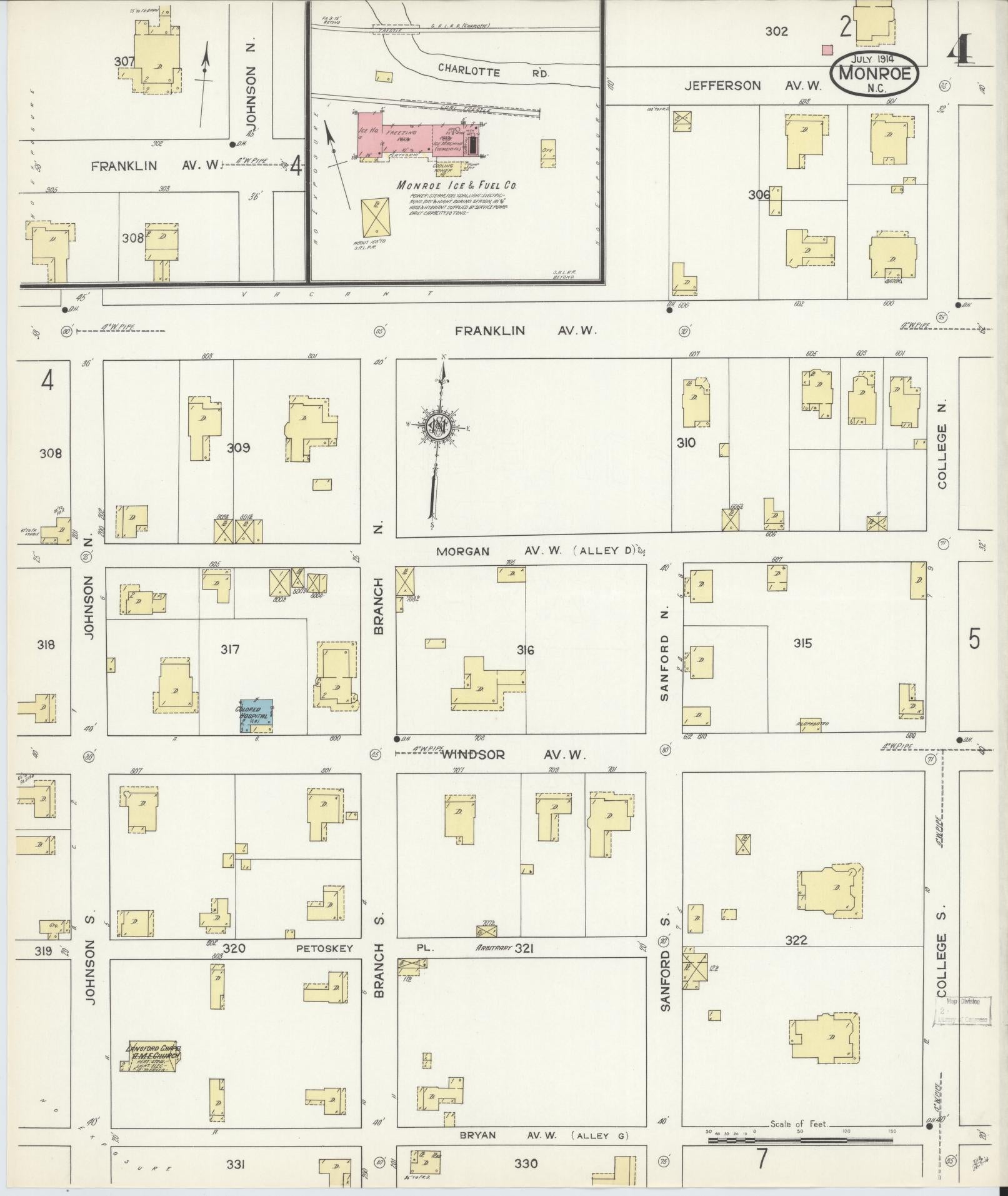 Sanborn Fire Insurance Map from Monroe, Union County, North Carolina (1914), Sheet #0004 - Historic Sanborn Fire Insurance Map Print, vintage old map wall art, antique decor, genealogy gift, North Carolina North Carolina map