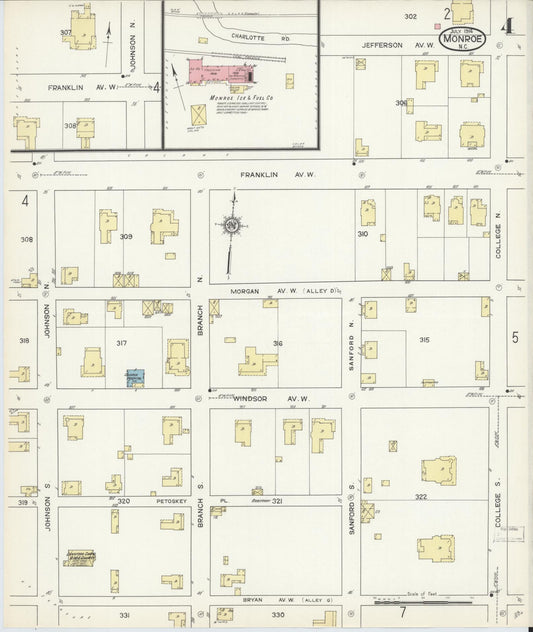 Sanborn Fire Insurance Map from Monroe, Union County, North Carolina (1914), Sheet #0004 - Historic Sanborn Fire Insurance Map Print, vintage old map wall art, antique decor, genealogy gift, North Carolina North Carolina map