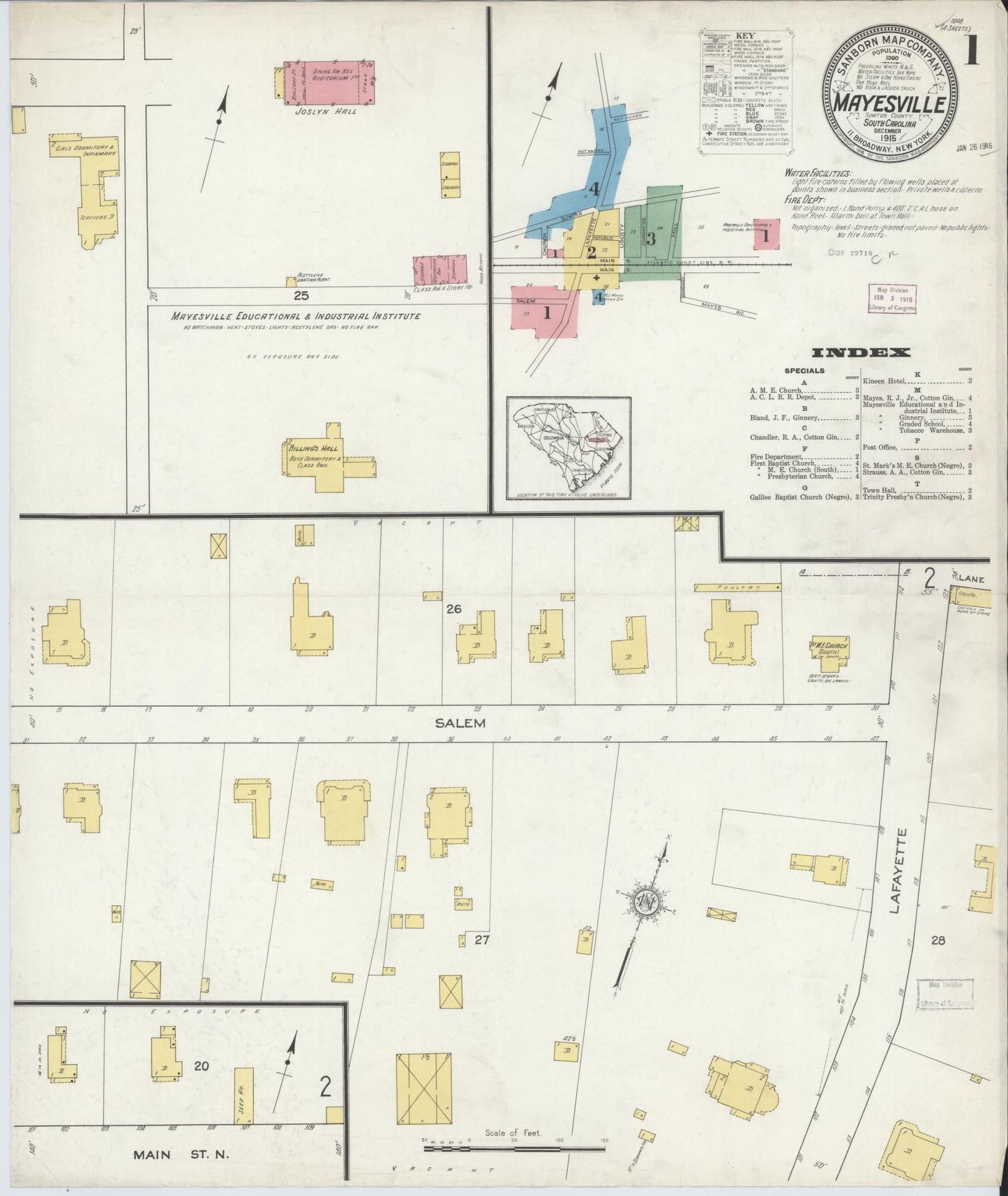 Sanborn Fire Insurance Map from Mayesville, Sumter County, South Carolina (1915), Sheet #0001 - Complete Map Set gallery image, historic Sanborn map, vintage wall art, South Carolina South Carolina