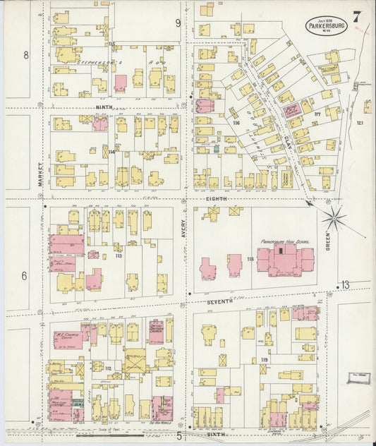 Sanborn Fire Insurance Map from Parkersburg, Wood County, West Virginia (1898), Sheet #0007 - Historic Sanborn Fire Insurance Map Print, vintage old map wall art, antique decor, genealogy gift, West Virginia West Virginia map