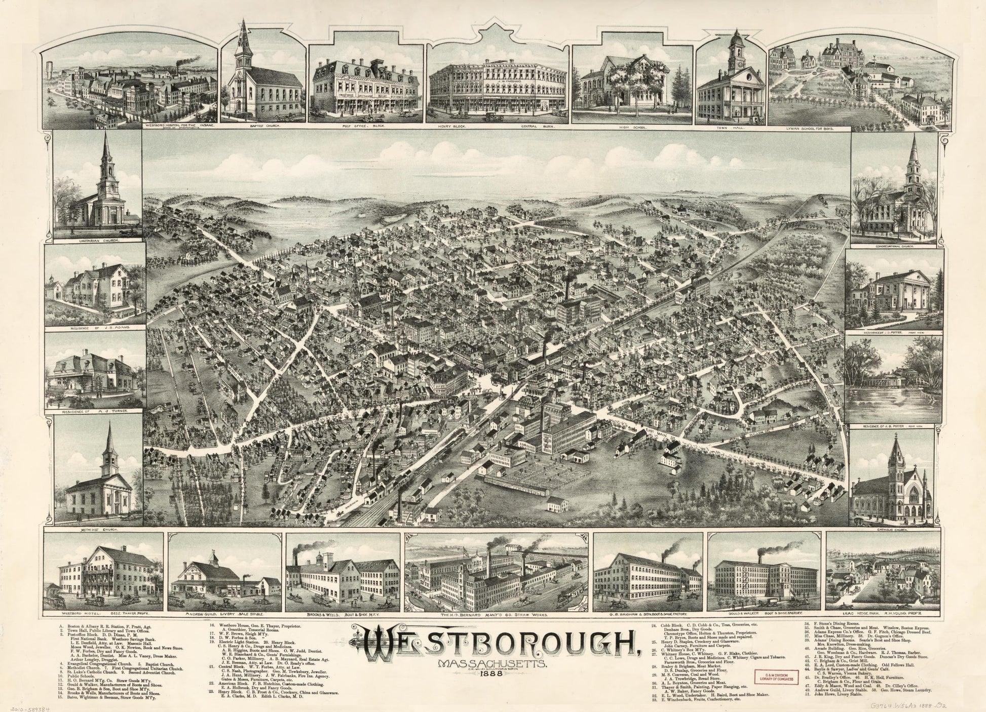 Westborough, Massachusetts, 1888. (1888) – Historic Bird’s-Eye View Panorama Print