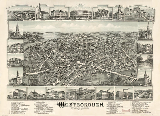 Westborough, Massachusetts, 1888. (1888) – Historic Bird’s-Eye View Panorama Print