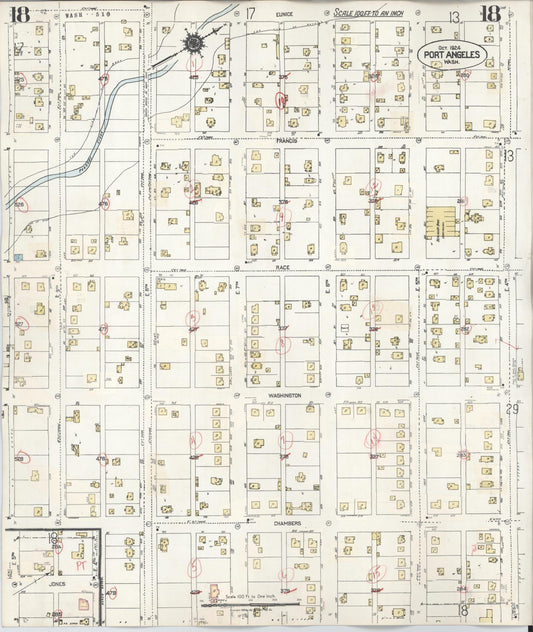 Sanborn Fire Insurance Map from Port Angeles, Clallam County, Washington (1949), Sheet #0018 - Historic Sanborn Fire Insurance Map Print, vintage old map wall art, antique decor, genealogy gift, Washington Washington map