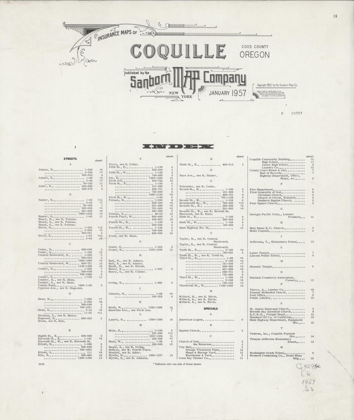 Sanborn Fire Insurance Map from Coquille, Coos County, Oregon (1957), Sheet #0001 - Historic Sanborn Fire Insurance Map Print, vintage old map wall art, antique decor, genealogy gift, Oregon Oregon map