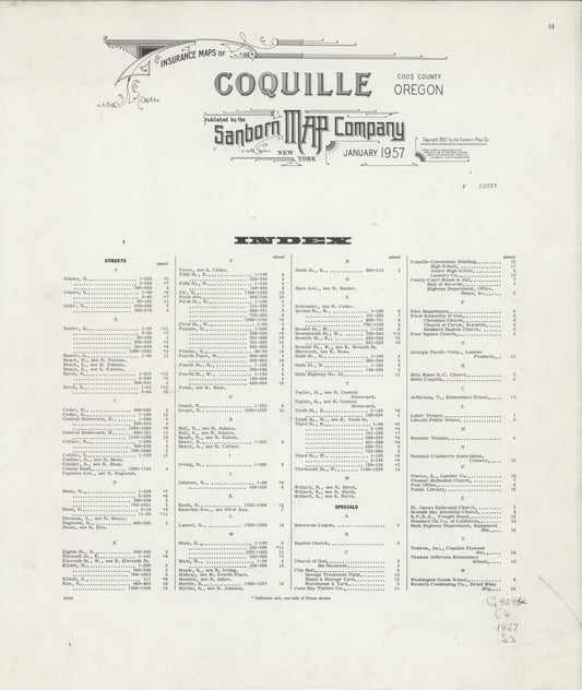 Sanborn Fire Insurance Map from Coquille, Coos County, Oregon (1957), Sheet #0001 - Historic Sanborn Fire Insurance Map Print, vintage old map wall art, antique decor, genealogy gift, Oregon Oregon map