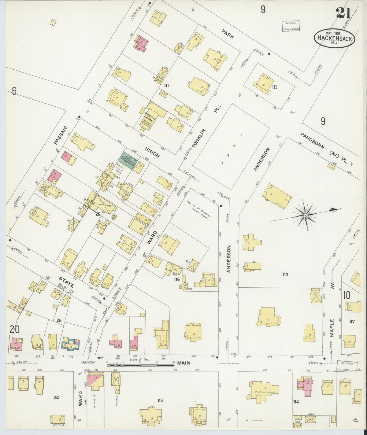 Sanborn Fire Insurance Map from Hackensack, Bergen County, New Jersey (1908), Sheet #0021 - Historic Sanborn Fire Insurance Map Print, vintage old map wall art, antique decor, genealogy gift, New Jersey New Jersey map