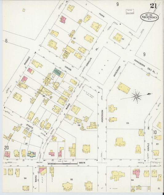 Sanborn Fire Insurance Map from Hackensack, Bergen County, New Jersey (1908), Sheet #0021 - Historic Sanborn Fire Insurance Map Print, vintage old map wall art, antique decor, genealogy gift, New Jersey New Jersey map