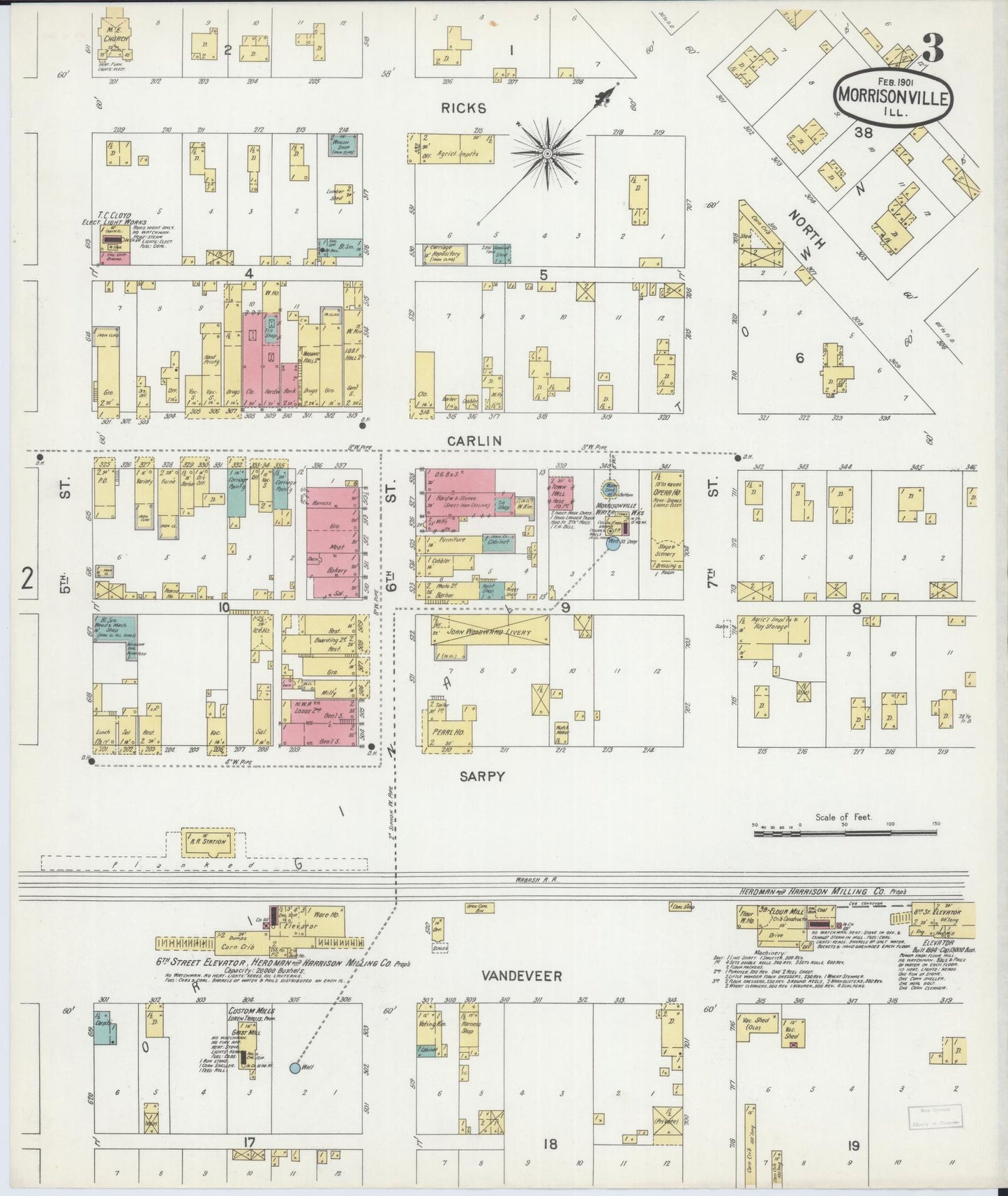 Sanborn Fire Insurance Map from Morrisonville, Christian County, Illinois (1901), Sheet #0003 - Complete Map Set gallery image, historic Sanborn map, vintage wall art, Illinois Illinois